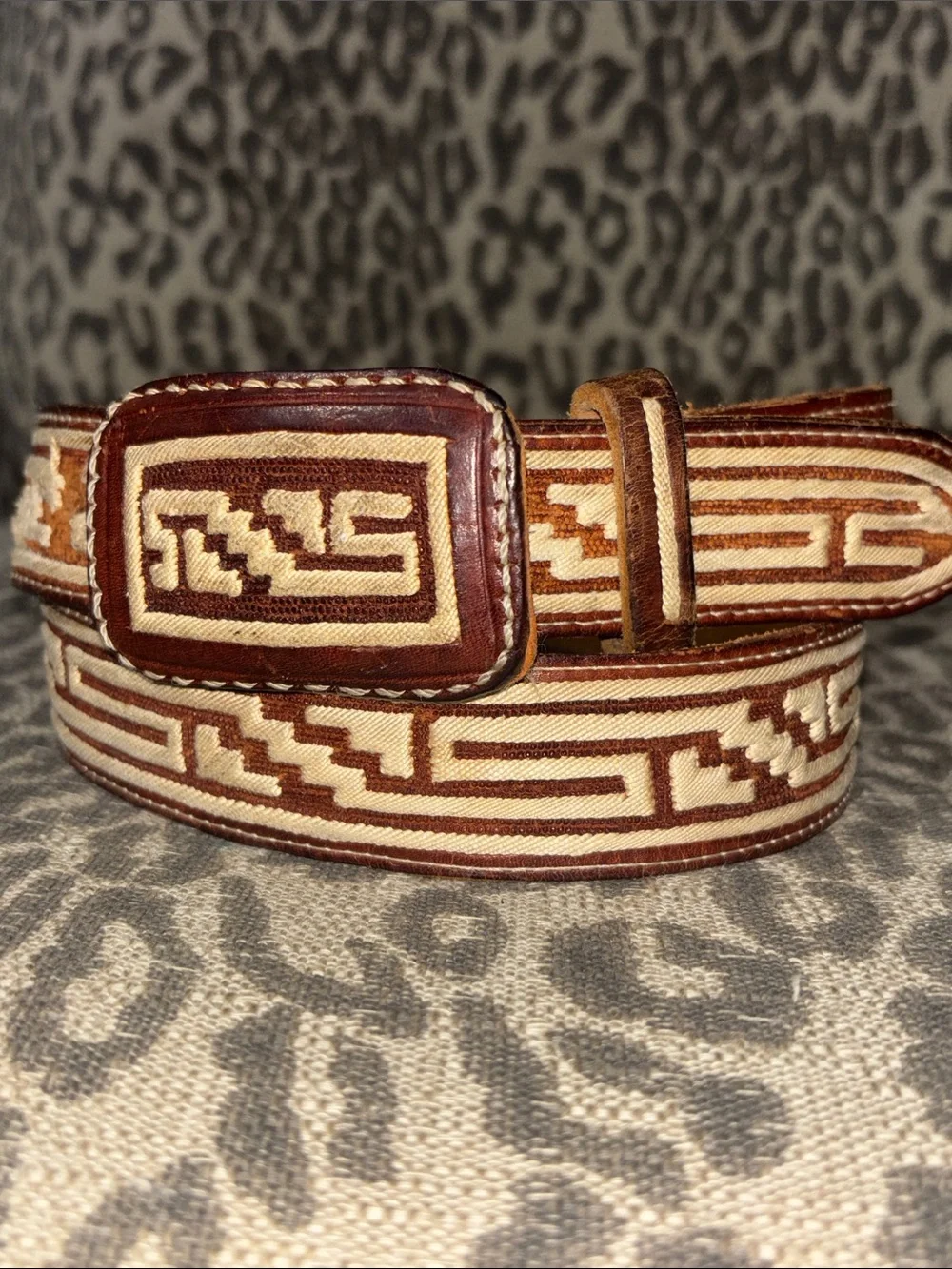 Western embroidered charro cowboy belt cream brown leather Aztec geometric 34